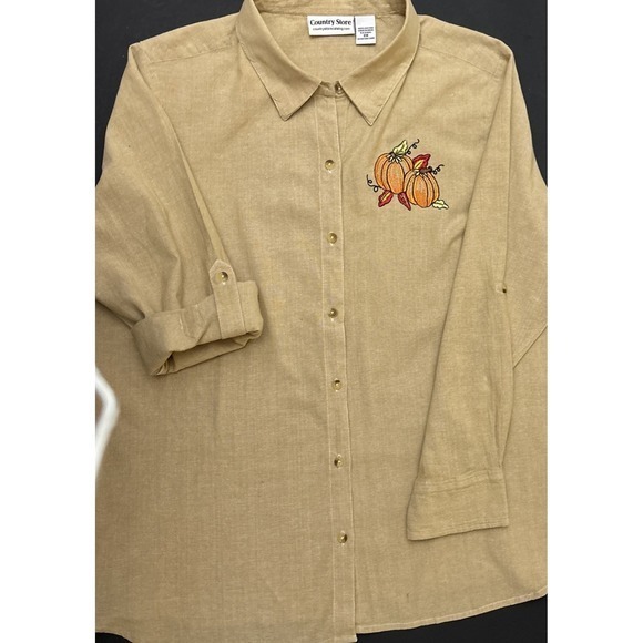 Country Store Women's Tan Button Up Shirt Embroidered Pumpkins Fall Size 2X - Picture 5 of 15